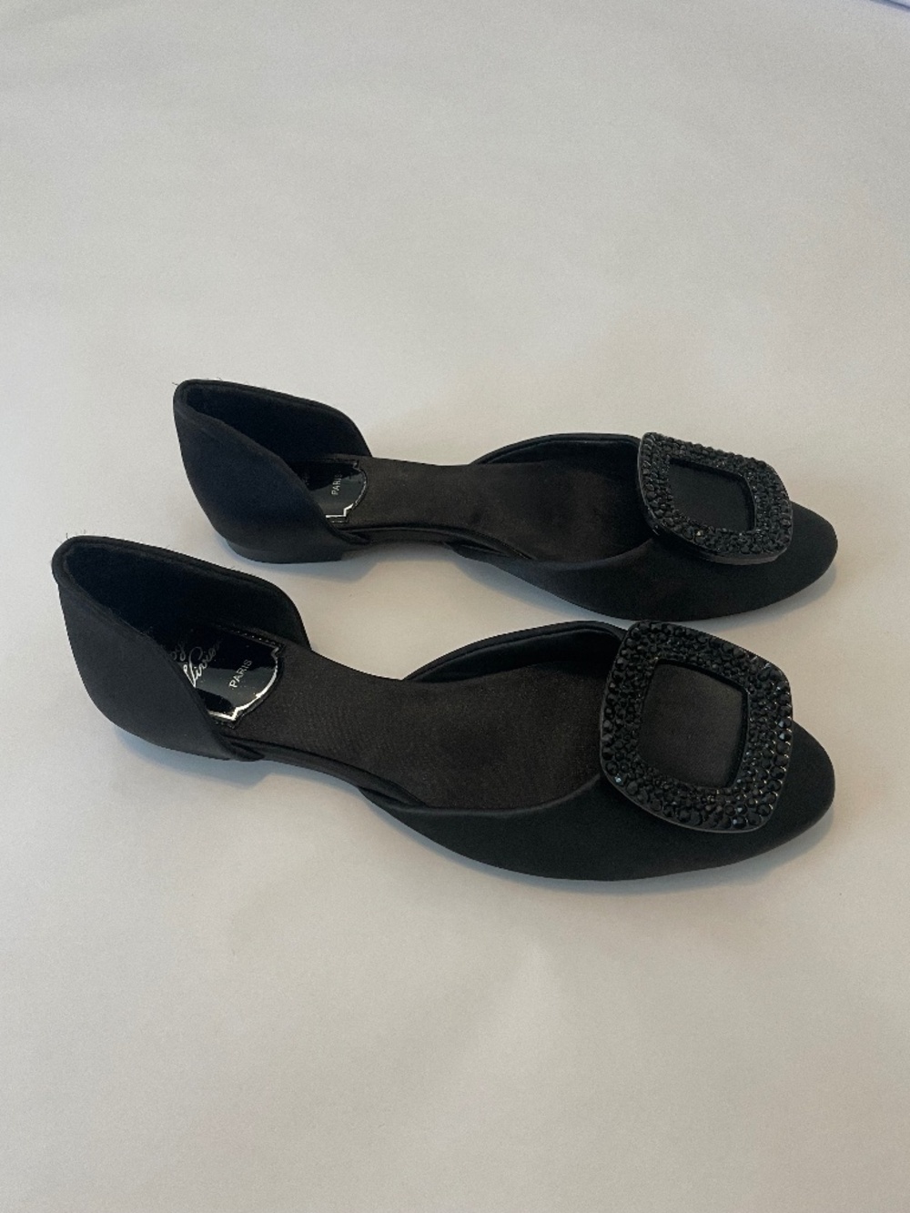 Roger Vivier D'Orsay Black Satin Ballet Flats, Crystal Buckle, EU 37 US 6.5